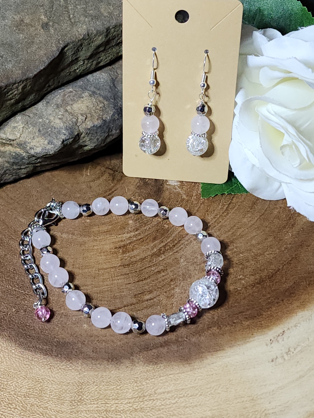 Pink Crackled Glass & Rose Quartz Beaded Bracelet and Earrings Set
